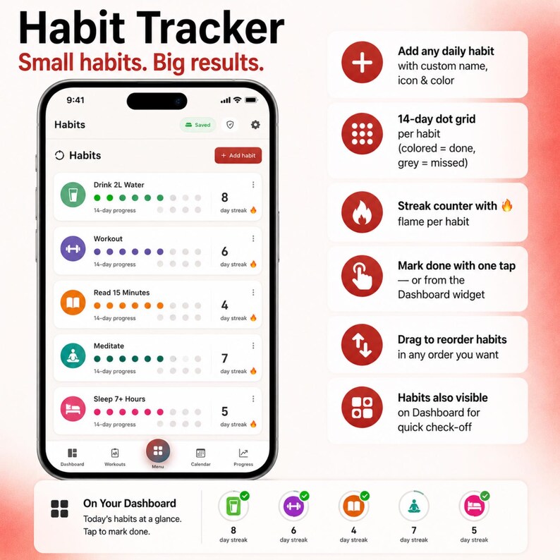 May include: A smartphone screen displaying a habit tracker app with a list of daily tasks including water intake, workouts, reading, meditation, and sleep. The interface features colorful icons, 14-day progress dot grids, and streak counters with flame icons.