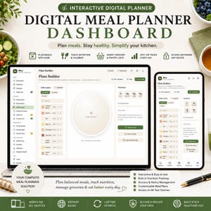 May include: An interactive digital meal planner dashboard displayed on a laptop and smartphone screen. The interface features a plate builder tool, nutrition tracking, grocery lists, and meal planning sections with text labels like Plan meals. Stay healthy. Simplify your kitchen.