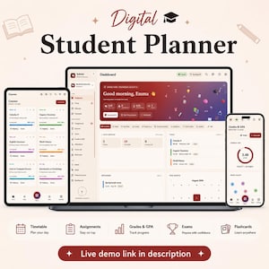 Könnte beinhalten: Ein digitaler Studentenplaner auf Laptop, Tablet und Smartphone. Die Bildschirme zeigen ein Dashboard mit akademischer Nachverfolgung, Kurslisten, Noten und GPA-Daten. Die Benutzeroberfläche ist in Dunkelrot und Creme gehalten.