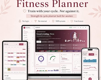 Digital Female Fitness Planner, Cycle Syncing Workout Tracker, Women's Strength Training HTML Planner, Period & Wellness Journal, for Women
