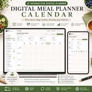 May include: An interactive digital meal planner calendar displayed on a laptop and a tablet screen. The interface features a weekly meal plan grid, nutrition tracking, grocery lists, and pantry management tools with text labels in English throughout the layout.