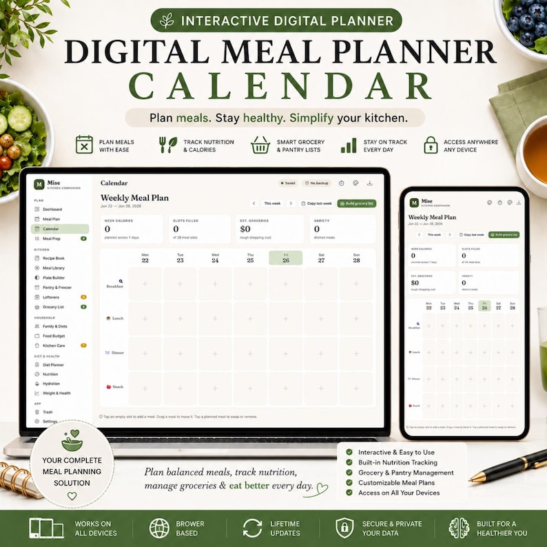 May include: An interactive digital meal planner calendar displayed on a laptop and a tablet screen. The interface features a weekly meal plan grid, nutrition tracking, grocery lists, and pantry management tools with text labels in English throughout the layout.