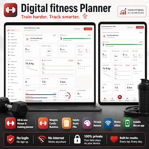May include: A digital fitness planner displayed on a laptop and tablet screen, featuring a dashboard with workout tracking, body weight of 76.8 kg, and nutrition logs. The interface includes text such as Digital fitness Planner, Train harder. Track smarter.