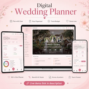 Peut inclure: Un planificateur de mariage numérique affiché sur un ordinateur portable, une tablette et un smartphone. L'interface présente une palette de couleurs rose pâle avec des éléments de tableau de bord, suivi budgétaire et comptes à rebours.