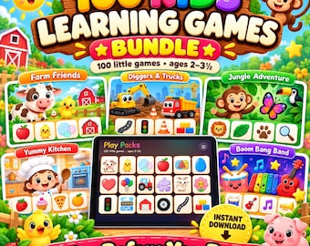 May include: A digital bundle titled 100 Kids Learning Games Bundle featuring 100 little games for ages 2-3 1/2. The graphic displays various game categories like Farm Friends, Diggers & Trucks, Jungle Adventure, Yummy Kitchen, and Boom Bang Band on a tablet screen.