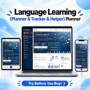 Language Learning Planner & Tracker Web App, Vocabulary Flashcards, Grammar Study Log, Speaking Practice, Digital Download