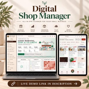 May include: A digital shop manager planner displayed on a laptop and tablet screen. The interface shows a dashboard with sales data, inventory tracking, and calendar views. Text includes Digital Shop Manager, All-in-one planner for your small business.