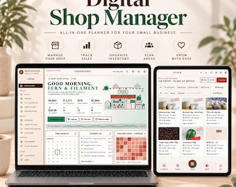 May include: A digital shop manager planner displayed on a laptop and tablet screen. The interface shows a dashboard with sales data, inventory tracking, and calendar views. Text includes Digital Shop Manager, All-in-one planner for your small business.