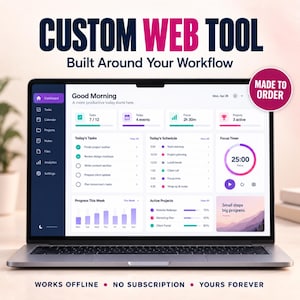 Può includere: Uno schermo di computer portatile che mostra una dashboard di uno strumento web personalizzato con elenchi di attività, calendario, monitoraggio dei progetti e un timer. L'interfaccia presenta elementi viola e bianchi con il testo CUSTOM WEB TOOL.