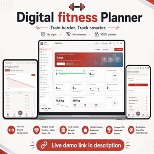 Digital träningsplanerare HTML, mall för träningsspårning, träningslogg för gym, planerare för näringsvanor och mål för träning, offline PWA-träningsdashboard