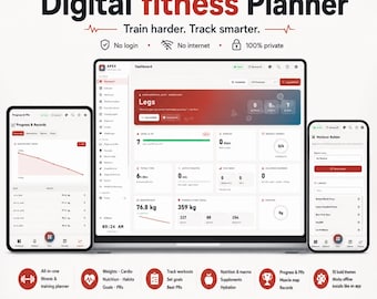 Digital Fitness Planner HTML, Workout Tracker Template, Gym Training Log, Nutrition Habit Goal Planner, Offline PWA Fitness Dashboard