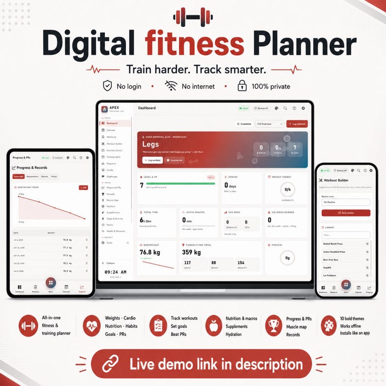 May include: A digital fitness planner displayed on a laptop, tablet, and smartphone. The interface features red and white color schemes, workout tracking dashboards, progress charts, and text including "Digital fitness Planner" and "Train harder. Track smarter."