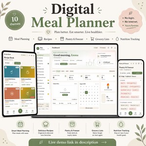 May include: A digital meal planner displayed on a laptop, tablet, and smartphone. The interface features sections for recipes, pantry and freezer inventory, grocery lists, and nutrition tracking. The dashboard shows a calendar, daily goals, and food budget.