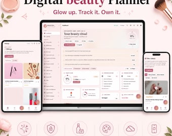 Digital Beauty Planner Template, Skincare Routine Tracker, Beauty Journal, Makeup Inventory, Self Care Planner, Wellness Log