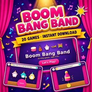 May include: A digital game set titled Boom Bang Band featuring 20 games for ages 2-3.5. The graphic displays pink curtains, musical notes, and icons of a drum, guitar, character, trumpet, and xylophone. Includes two game interface previews.