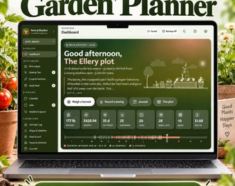 May include: A laptop displaying the Garden Planner software dashboard with a green interface. The screen shows text including Good afternoon, The Ellery plot, 177 lb picked, and various gardening metrics. A button below reads Live demo link in description.