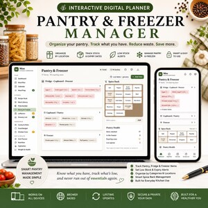 May include: An interactive digital pantry and freezer manager displayed on a laptop and smartphone screen. The interface features organized lists for fridge, cupboard, and freezer items, a spice rack grid, and pantry health statistics with text.