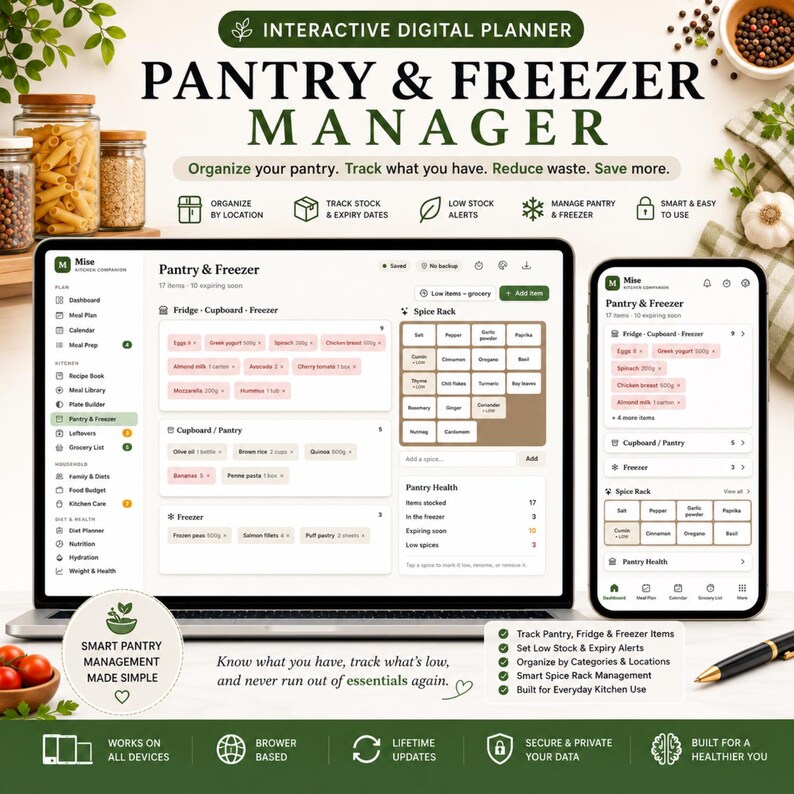 May include: An interactive digital pantry and freezer manager displayed on a laptop and smartphone screen. The interface features organized lists for fridge, cupboard, and freezer items, a spice rack grid, and pantry health statistics with text.