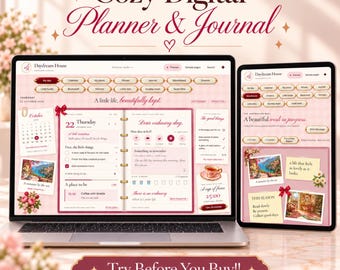May include: A digital planner and journal displayed on a laptop and tablet screen. The interface features tabs labeled My day, Calendar, My plans, Rituals, Journal, Moodboard, and Dreams. The text reads Cozy Digital Planner & Journal and Try Before You Buy!!