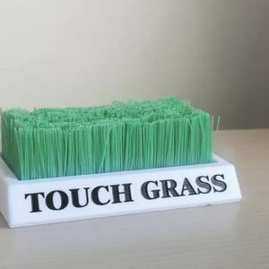 以下が含まれることがあります： 前面に黒い文字でTOUCH GRASSと印刷された長方形の白いベース。ベースの上部は、短く刈り込まれた芝生のように見える、直立した細いライトグリーンのプラスチック製の毛で密に覆われています。