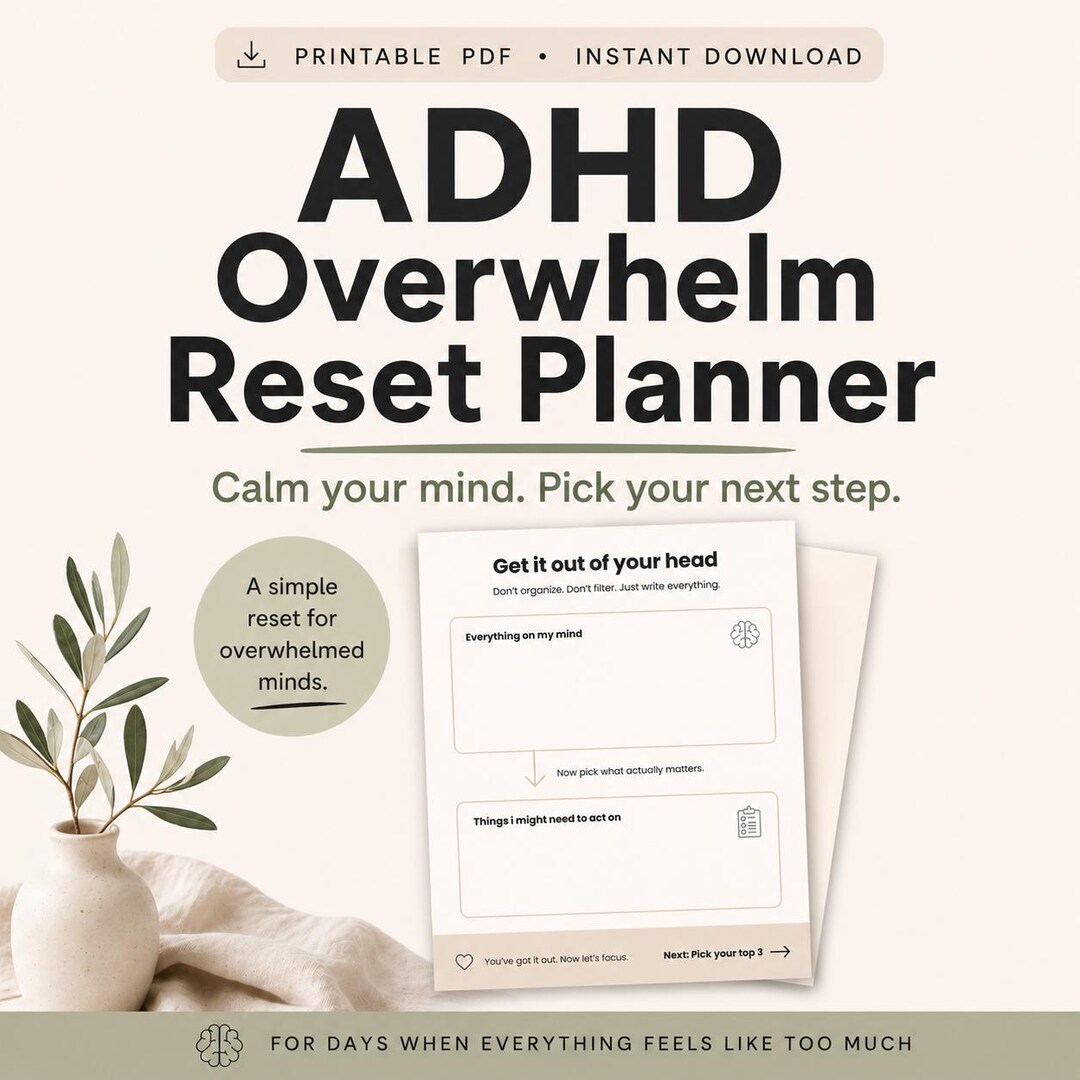 ADHD Brain Dump Planner Printable PDF, Overwhelm Reset Worksheet for ...