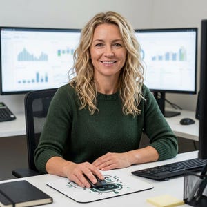 May include: A woman with blonde hair smiles while sitting at a desk. She wears a dark green sweater and uses a computer mouse on a white mousepad with a cartoon robot design. Two computer monitors display charts.