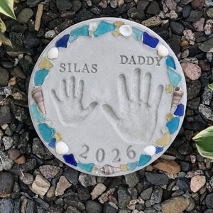 DIY Personalized Garden Stone Kit – Handprint Keepsake with Seaglass – Mother, Fathers, Grandparents Gift
