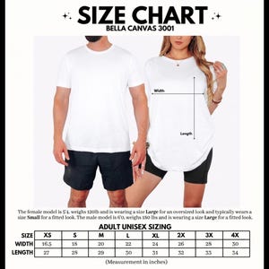 May include: A size chart for the Bella Canvas 3001 t-shirt featuring two models wearing white shirts. The chart displays width and length measurements in inches for sizes XS through 4X, ranging from 16.5 to 30 inches in width and 27 to 34 inches in length.