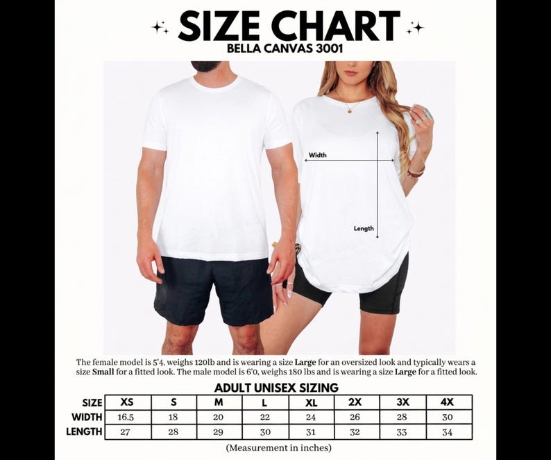 May include: A size chart for the Bella Canvas 3001 t-shirt featuring two models wearing white shirts. The chart displays width and length measurements in inches for sizes XS through 4X, ranging from 16.5 to 30 inches in width and 27 to 34 inches in length.