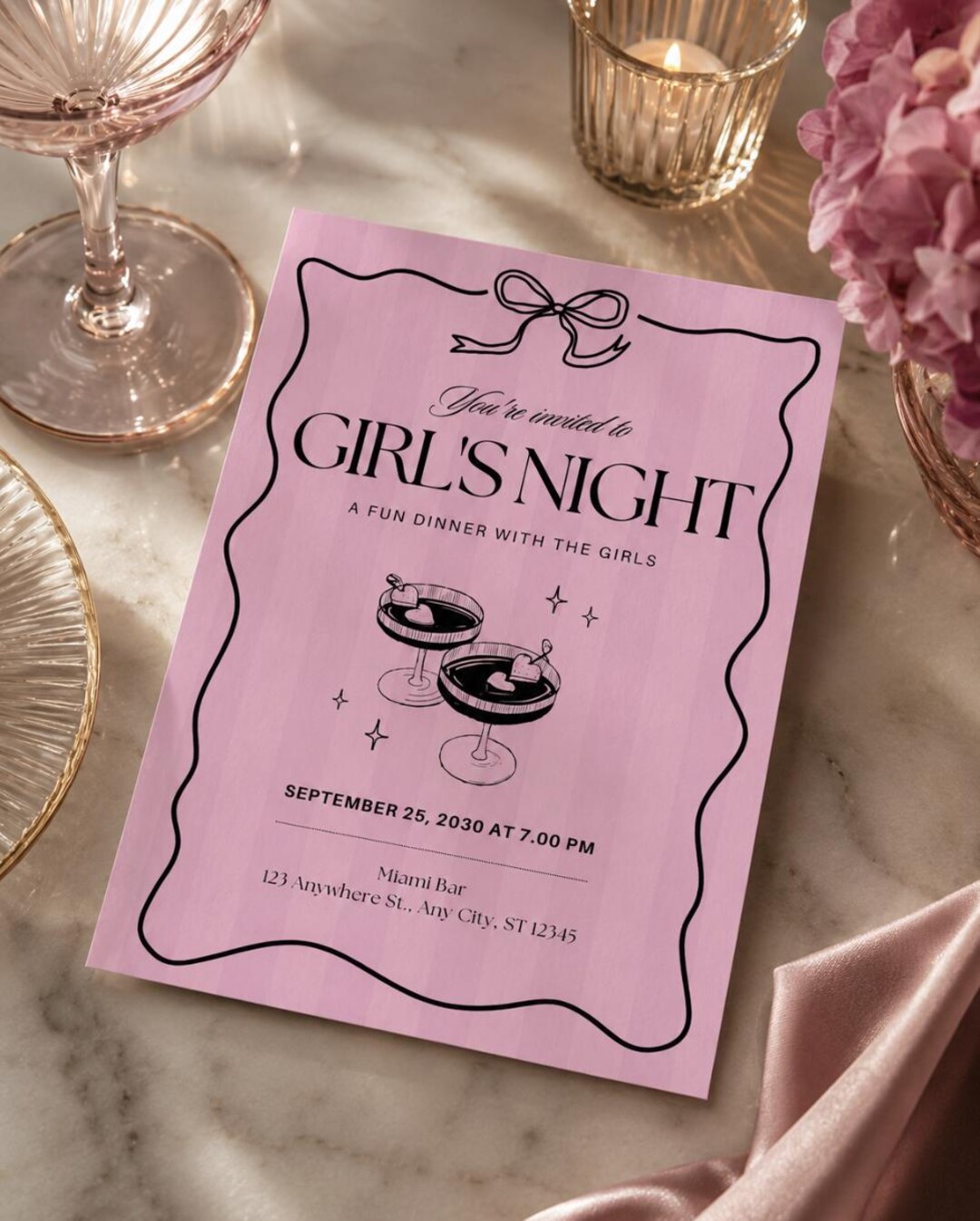 Girls Night Invitation Template | Editable Canva Invite | Pink Coquette ...