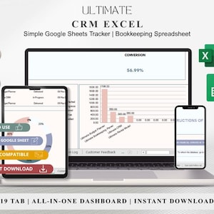Puede incluir: Un rastreador digital de CRM para Excel y Google Sheets mostrado en una computadora portátil, tableta y teléfono inteligente. La pantalla muestra una tasa de conversión del 56,99%, un gráfico de barras y texto que incluye Ultimate CRM Excel y 19 Tab All-in-One Dashboard.