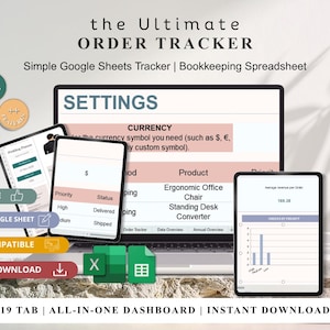 Pode incluir: Uma planilha digital de rastreamento de pedidos para Google Sheets e MS Excel com um painel tudo-em-um de 19 abas. A tela mostra configurações de moeda, status do produto, prioridade e um gráfico de barras para dados de receita.