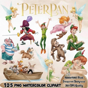 May include: Watercolor clipart featuring characters from Peter Pan, including Peter Pan, Captain Hook, Tinkerbell, and other characters. The image includes the text "PETER PAN" and "195 PNG WATERCOLOR CLIPART". The image is 4000x4000 pixels and has a transparent background.