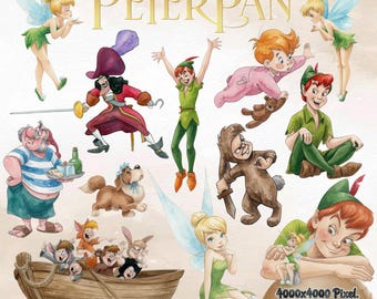 Peter Pan Watercolor Clipart, Peter Pan Bundle, Peter Pan Birthday Clipart, Cute Cartoon, Wendy, Tinkerbell, Fairy PNG, Hand Drawn Clipart