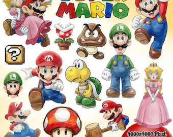 Super Mario bros imprimible PNG, luxury watercolor Mario clipart, Princess Peach Clipart, png crafter
