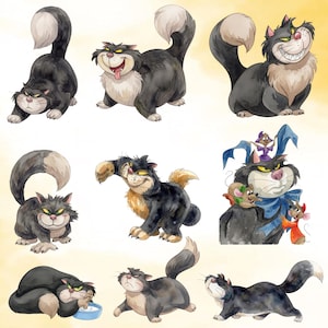 Puede incluir: Una colecci&oacute;n de ilustraciones en acuarela que muestran a un gato grande y esponjoso de color negro y gris con el pecho y la punta de la cola blancos en varias poses, incluida una escena donde el gato interact&uacute;a con tres ratones peque&ntilde;os con ropa colorida.