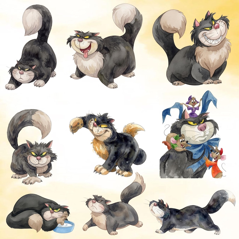 Puede incluir: Una colecci&oacute;n de ilustraciones en acuarela que muestran a un gato grande y esponjoso de color negro y gris con el pecho y la punta de la cola blancos en varias poses, incluida una escena donde el gato interact&uacute;a con tres ratones peque&ntilde;os con ropa colorida.