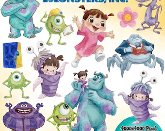 Monsters Inc Watercolor Clipart Bundle PNG, Monsters Inc Clipart, Mike Sulley Boo Birthday Party Clipart, Cute Monsters Inc Characters PNG