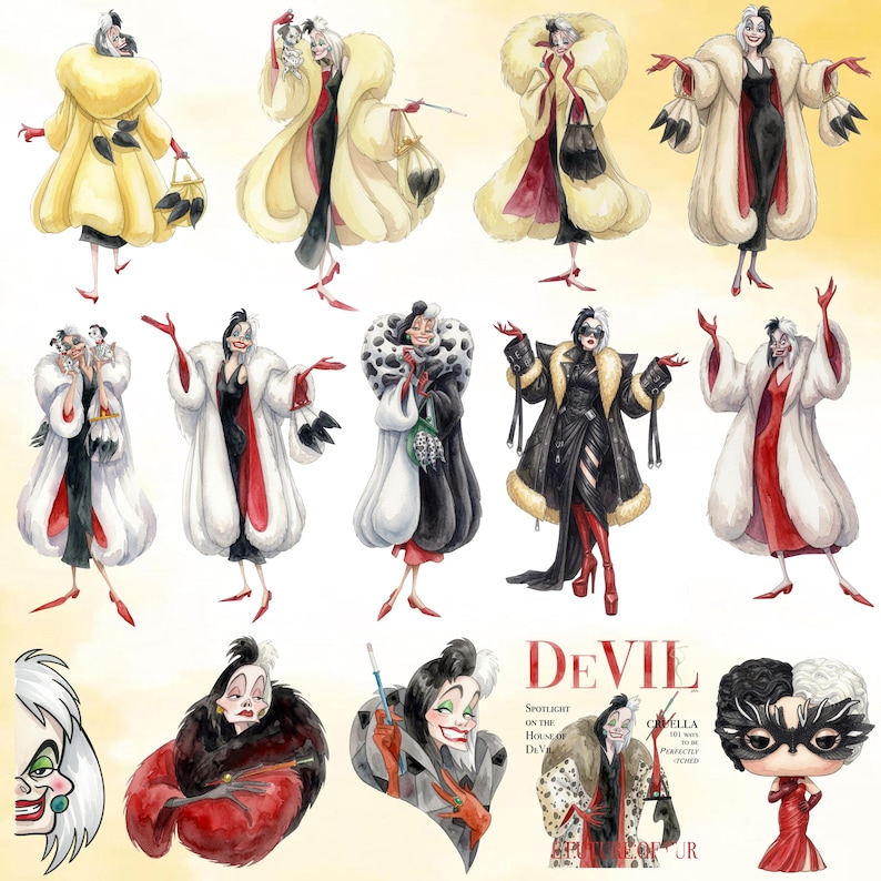 Puede incluir: Una colecci&oacute;n de ilustraciones que muestran a un personaje con cabello blanco y negro en varios atuendos, incluyendo abrigos de piel, vestidos rojos y batas negras. Una imagen incluye el texto DEVIL, SPOTLIGHT ON THE HOUSE OF DEVIL, CRUELLA y FUTURE OF JR.