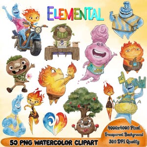 Op de afbeelding: Watercolor clipart set met personages uit de film "Elemental". De afbeelding bevat verschillende personages die de elementen vuur, water, aarde en lucht vertegenwoordigen. De tekst "ELEMENTAL" staat bovenaan, met extra tekst onderaan die aangeeft dat de set 55 PNG watercolor cliparts bevat.