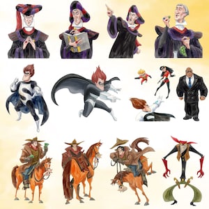 Puede incluir: Una colecci&oacute;n de ilustraciones en acuarela con varios personajes. La fila superior muestra una figura con t&uacute;nica negra y sombrero morado. La fila central representa superh&eacute;roes con trajes blancos y negros, y la fila inferior muestra figuras con abrigos marrones montando caballos junto a una criatura estilizada.