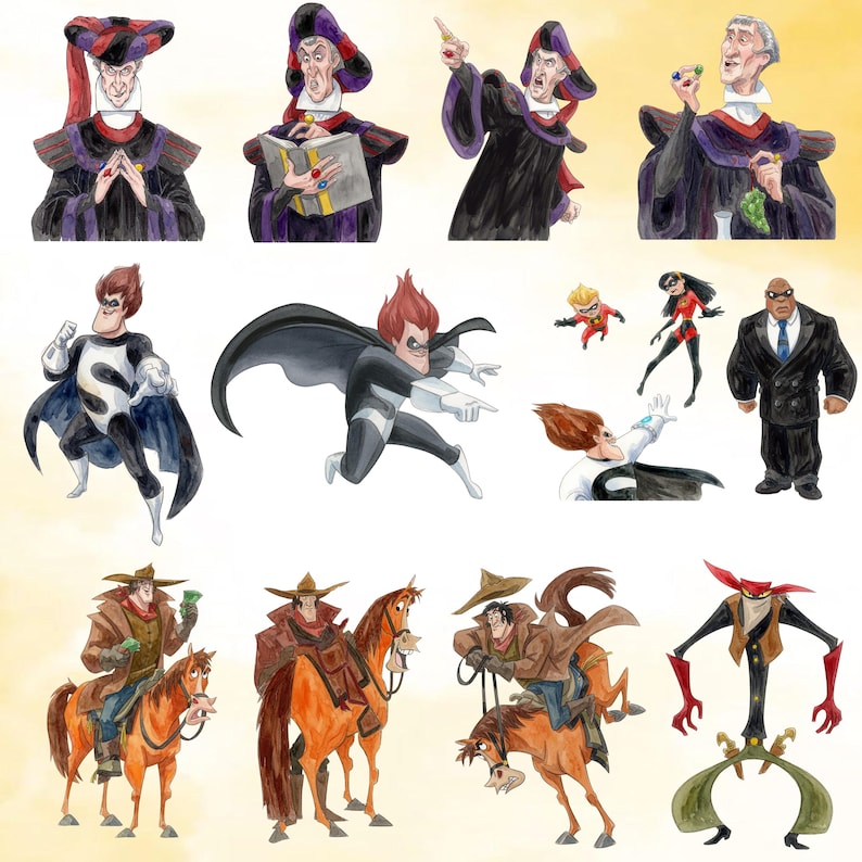 Puede incluir: Una colecci&oacute;n de ilustraciones en acuarela con varios personajes. La fila superior muestra una figura con t&uacute;nica negra y sombrero morado. La fila central representa superh&eacute;roes con trajes blancos y negros, y la fila inferior muestra figuras con abrigos marrones montando caballos junto a una criatura estilizada.