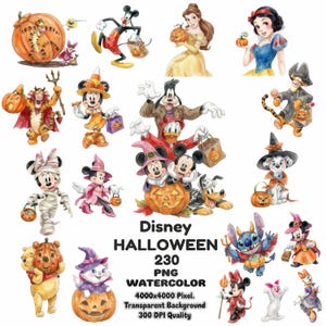 Puede incluir: Una colección de ilustraciones en acuarela con personajes de Disney en disfraces de Halloween, incluyendo a Mickey, Minnie, Donald, Goofy y otros con calabazas y dulces. El texto dice Disney HALLOWEEN 230 PNG WATERCOLOR 4000x4000 Pixel. Transparent Background 300 DPI Quality.