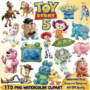 Könnte beinhalten: Aquarell-Clipart mit Charakteren aus Toy Story 5. Das Bild enthält Woody, Buzz Lightyear, Jessie, Mr. Potato Head und andere Charaktere. Das Bild enthält auch das Toy Story 5-Logo und den Text "173 PNG Watercolor Clipart".