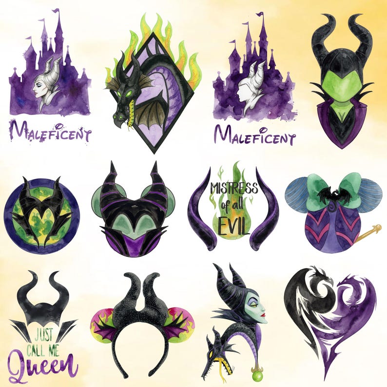 May include: A collection of watercolour illustrations themed around Maleficent. The designs include the character's silhouette, dragon form, and castle, with text such as "Maleficent" and "Mistress of all Evil". The colour scheme is mainly purple, black, and green.