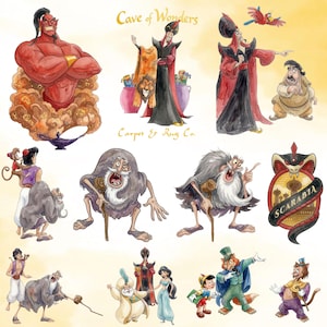 Puede incluir: Una colecci&oacute;n de ilustraciones en acuarela con personajes de Aladdin, incluyendo un genio rojo, Jafar y un emblema de Scarabia. El texto Cave of Wonders Carpet & Rug Co. est&aacute; impreso en oro. Los personajes incluyen a Aladdin, Abu, Jasmine y Pinocho.