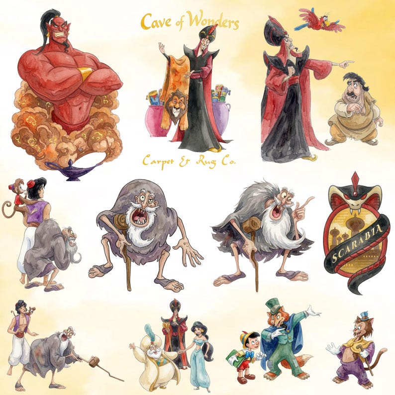 Puede incluir: Una colecci&oacute;n de ilustraciones en acuarela con personajes de Aladdin, incluyendo un genio rojo, Jafar y un emblema de Scarabia. El texto Cave of Wonders Carpet & Rug Co. est&aacute; impreso en oro. Los personajes incluyen a Aladdin, Abu, Jasmine y Pinocho.
