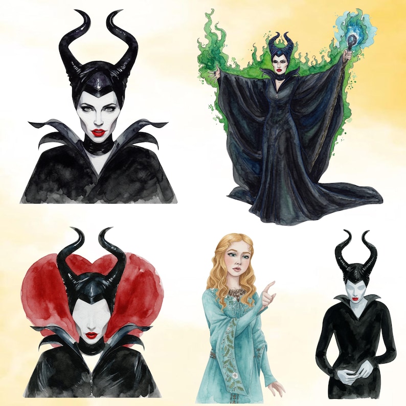 May include: Watercolour illustrations of Maleficent from Disney's Sleeping Beauty. The images show her iconic horns, black attire, and dramatic poses. One image features her with green flames, another with a red heart-shaped backdrop, and a third with a staff.