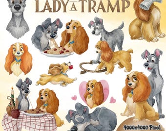 Lady and the Tramp PNG Watercolor Clipart, Lady and the Tramp clipart, Instant Digital Download for shirts, cake toppers, and more