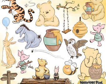 Baby Winnie the Pooh Changeable SVG PNG Bundle, Pooh Bear Clipart, Baby Shower Sublimation Tigger, Eeyore, Piglet Kids, Winnie the Pooh Png